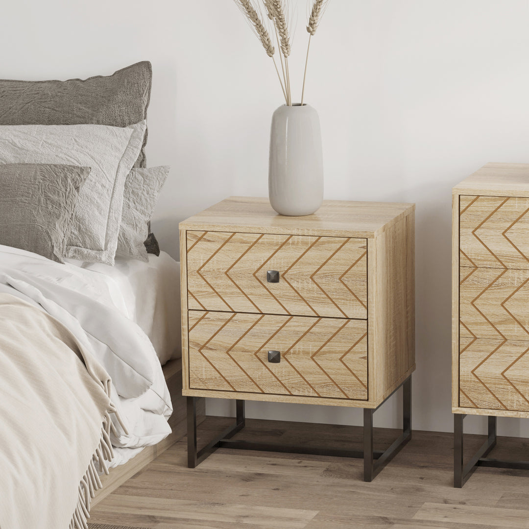HOMCOM Modern Nightsta, Bedside Table with Drawers, Side End Table with Metal Legs for Bedroom, Zig Zag Design, Natural