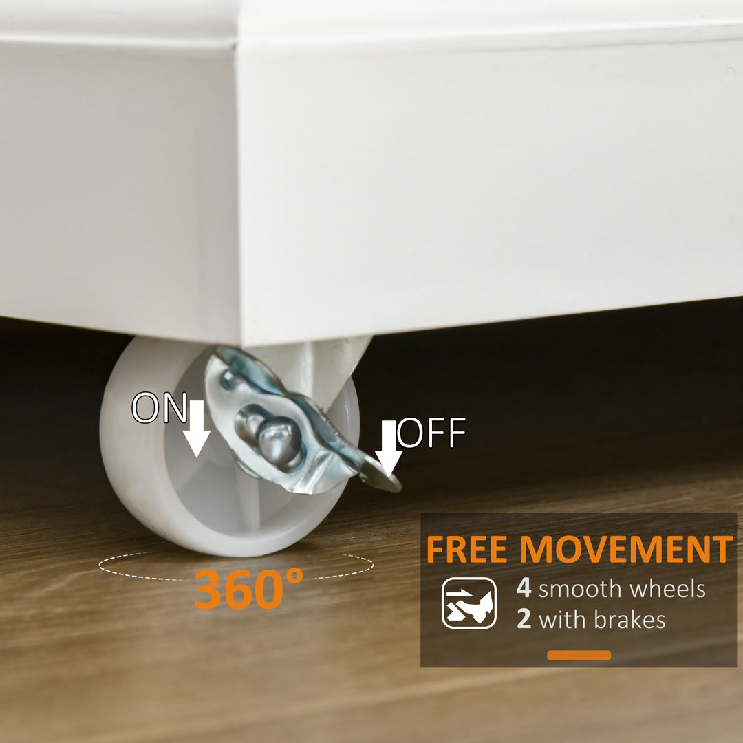 HOMCOM Foldable Kitchen Island with Storage Drawer, Farmhouse Style Rolling Utility Cart, Coffee Bar Cabinet on Wheels with Drop-Leaf Wood Top, White