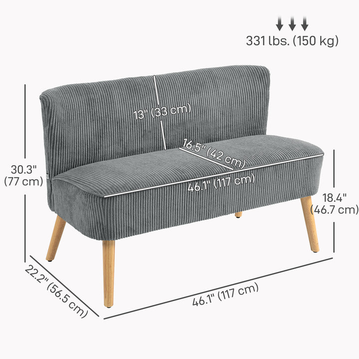 HOMCOM Modern 2 Seat Sofa for Bedroom, Upholstered Two Seater Couch with Rubber Wood Legs, Light Grey