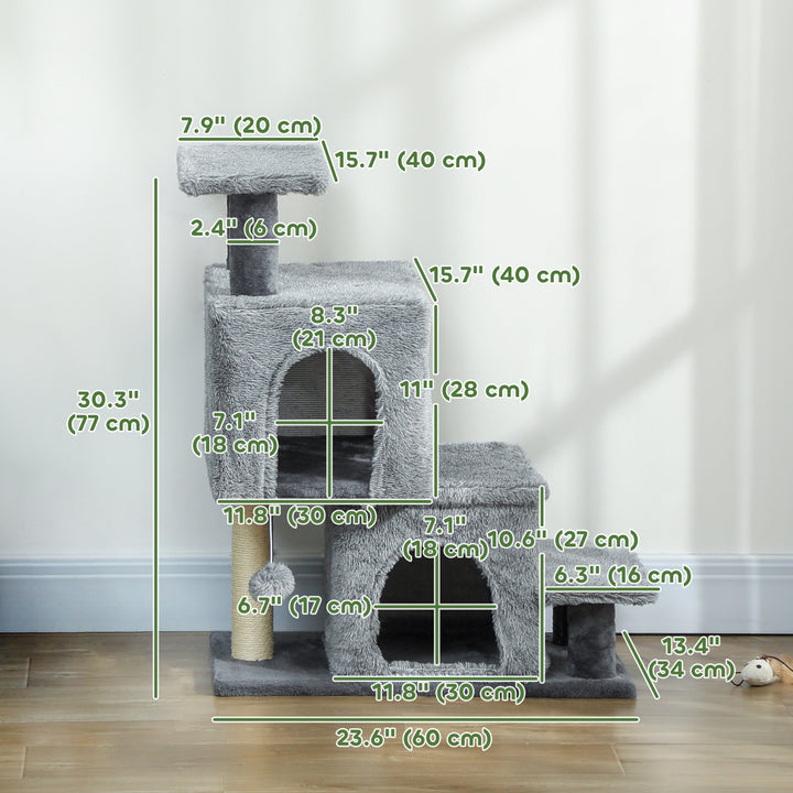 PawHut 4-Step Pet Stairs, Adjustable Height Cat Stairs with Scratching Posts Cat Condo, Hanging Ball for High Bed, Grey