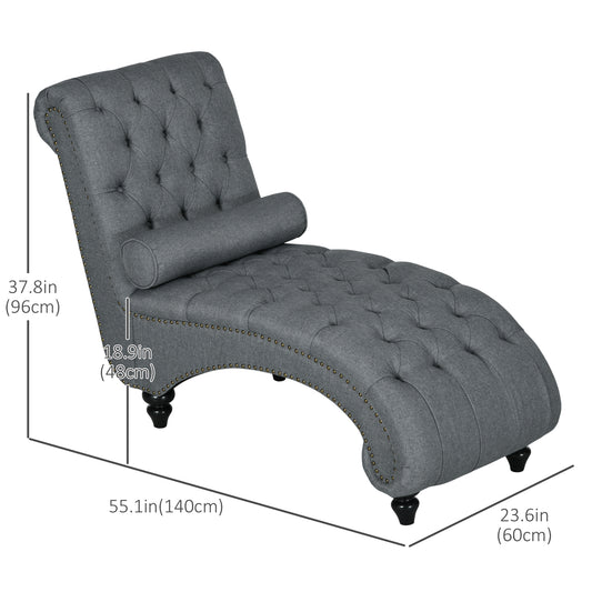 HOMCOM Button Tufted Chaise Lounge Chair Indoor Upholstered Lounge Chair with Bolster Pillow Wood Legs Nailhead Trim for Living Room Bedroom Home Office Grey