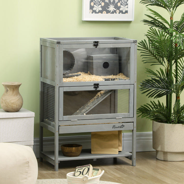 PawHut Wooden Hamster Cage, Mice Rodent Small Animals Kit Hutch with Storage, Sliding Tray Seesaw Running Wheel Lockable Roof