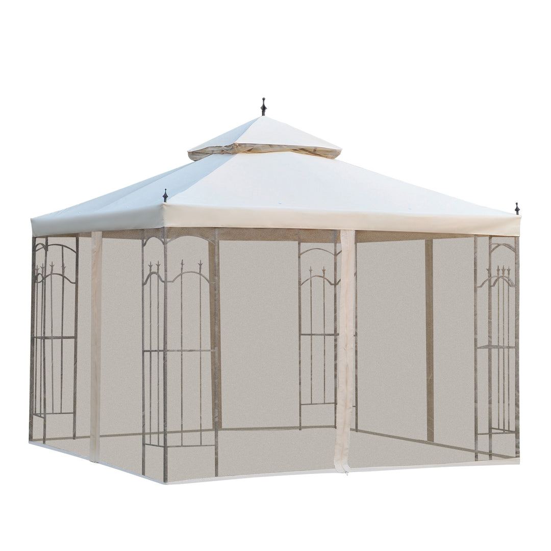 Outsunny 10' x 10' Steel Outdoor Patio Gazebo Canopy with Removable Mesh Curtains, Display Shelves, & Steel Frame, Grey