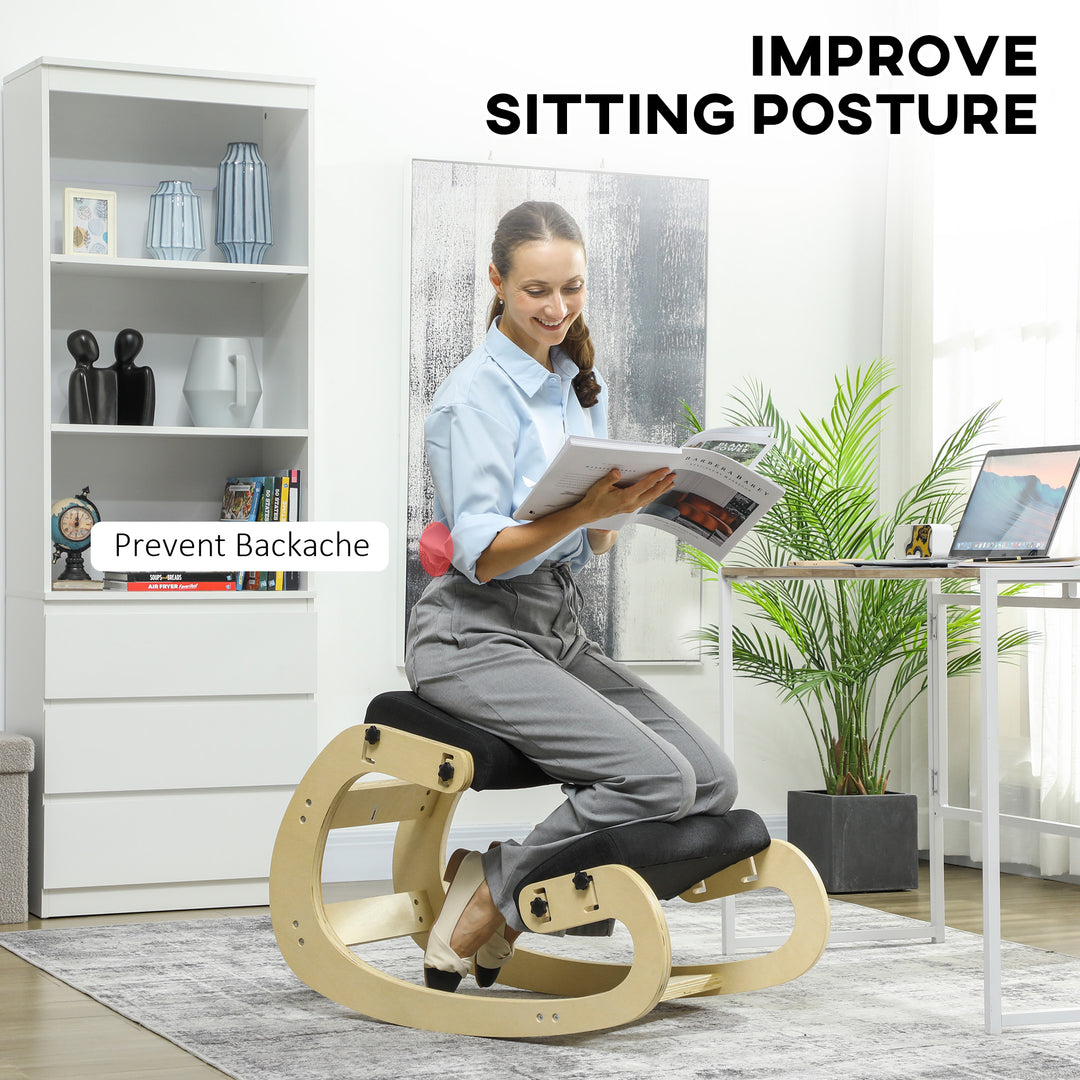 HOMCOM Ergonomic Kneeling Chair, Adjustable Rocking Wood Kneeling Stool, Desk Chair, Improve Posture, Cream White