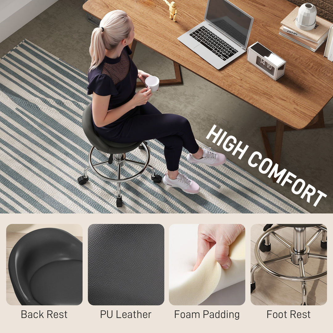 HOMCOM PU Leather Rolling Stool, Height Adjustable Swivel Salon Chair with Backrest and Foot Rest for Spa, Tattoo, Black
