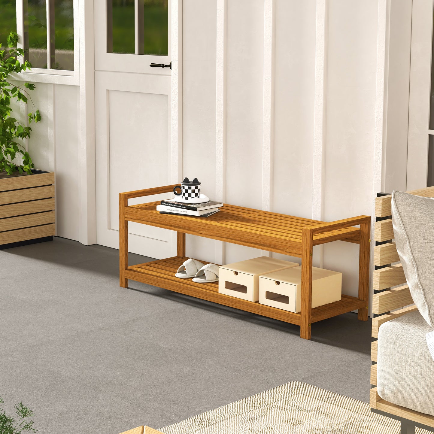 Outsunny Garden Stool with Storage Shelf, Slatted Seat for Indoor Conservatory, Garden, Poolside, Deck, Teak