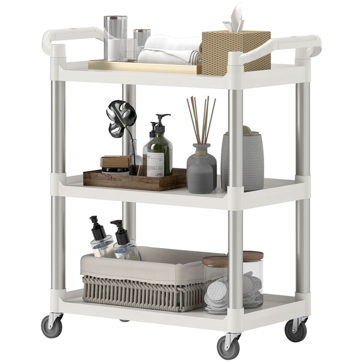 HOMCOM 3-Tier Utility Cart Large Rolling Storage Trolley with 3 Shelves Metal Clean Service Cart, Restaurant, Hotel, Livingroom, Silver and Grey