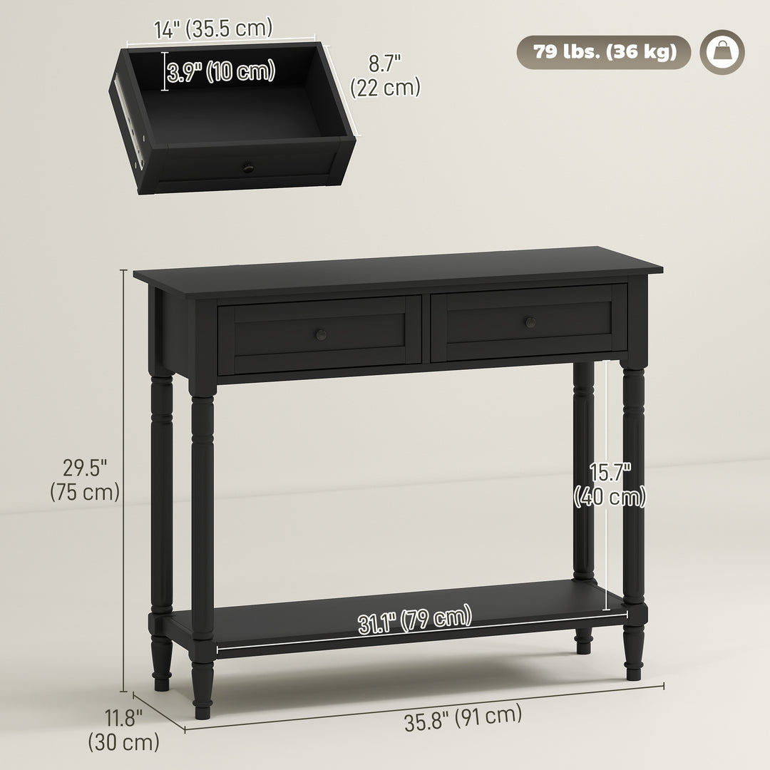 HOMCOM Hallway Console Table, Modern Entryway Table with 2 Drawers, Storage Shelf, Turned Legs for Living Room, Bedroom, Black