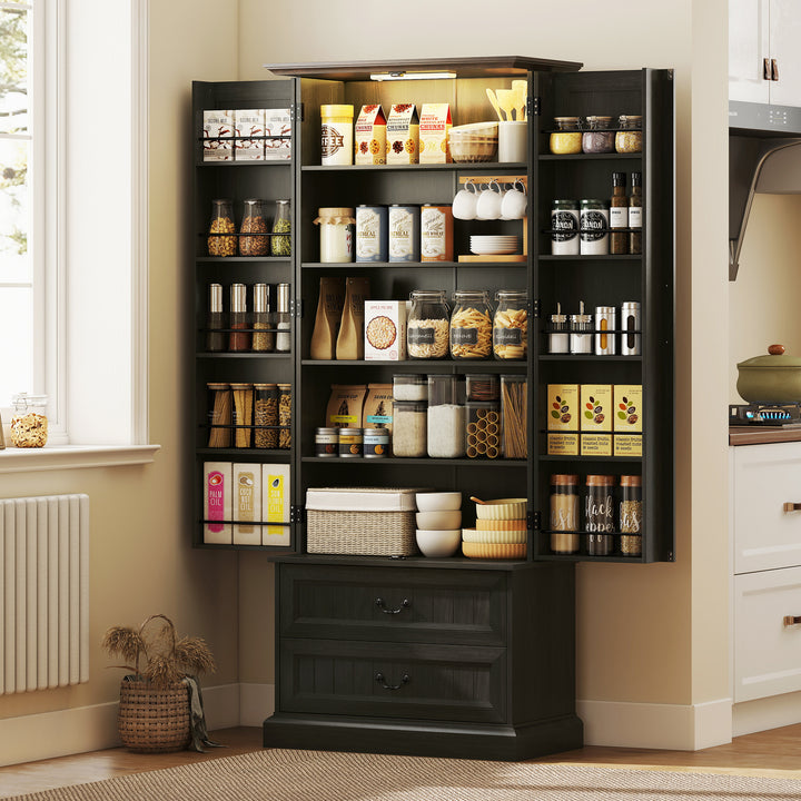 HOMCOM 72" LED Kitchen Pantry Cabinet, Buffet Storage Cabinet with 10 Door Shelves, 2 Drawers and Adjustable Shelves, White