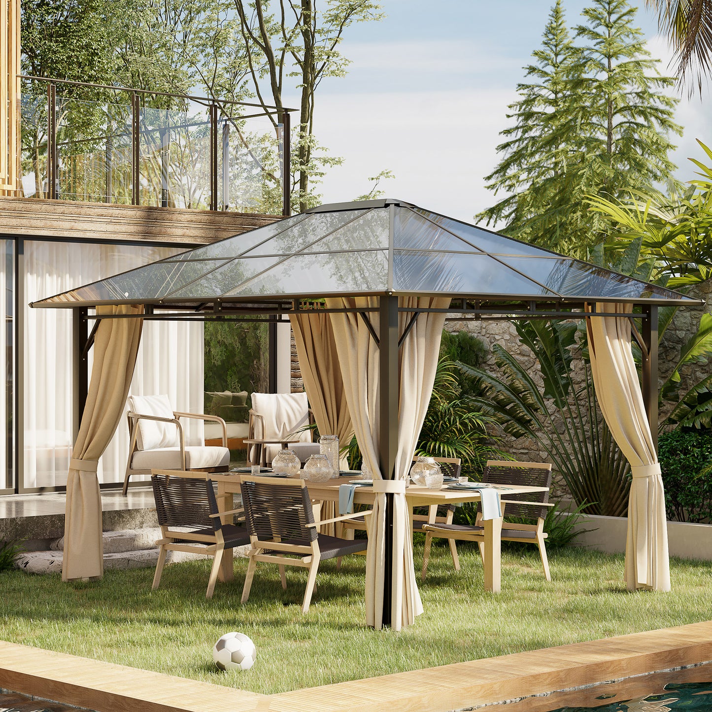 Outsunny 10' x 12' Outdoor Hardtop Gazebo with Polycarbonate Panel Roof, Garden Deluxe Pavilion Canopy BBQ Sunshade Shelter with Removable Curtains