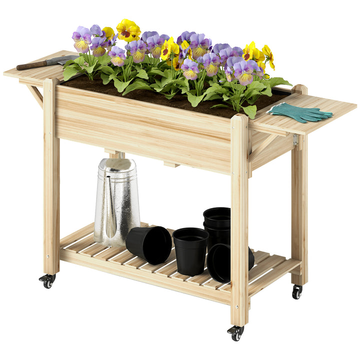 Outsunny Raised Garden Bed, Wood Planter Box with Lockable Wheels, Side Tables, Bottom Shelf, Bed Liner, Drain Holes, Natural
