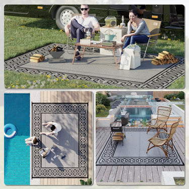 Outsunny Portable Outdoor Rug with Carrying Bag, 9' x 12' Reversible Mat, Waterproof Plastic Straw RV Rug for Backyard, Deck, Picnic, Beach, Camping, Black and Grey