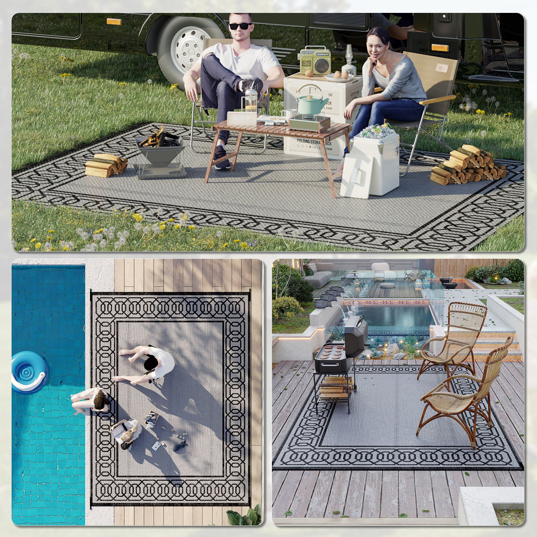 Outsunny Portable Outdoor Rug with Carrying Bag, 9' x 12' Reversible Mat, Waterproof Plastic Straw RV Rug for Backyard, Deck, Picnic, Beach, Camping, Black and Grey