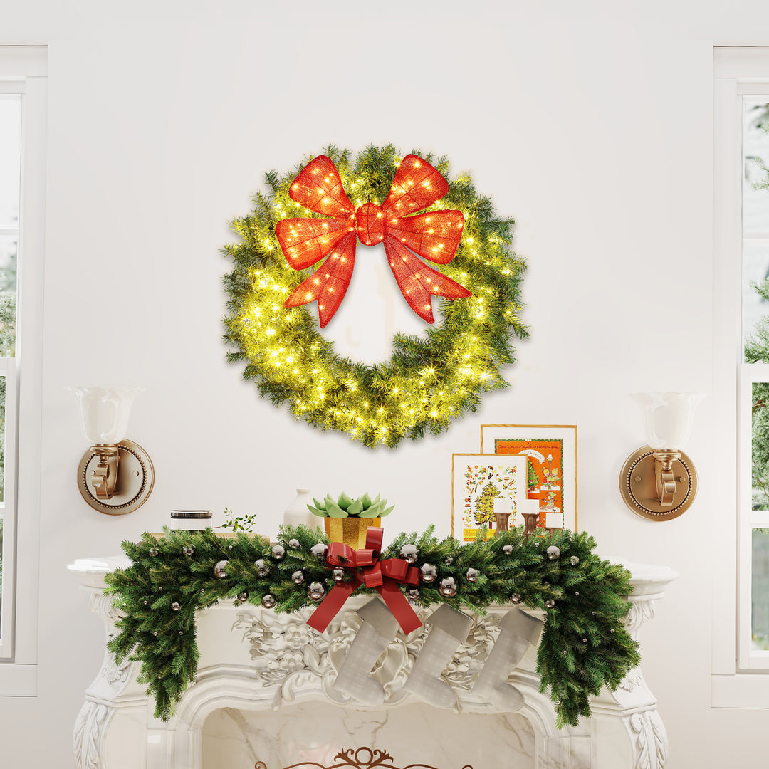 HOMCOM 36in Pre-Lit Christmas Wreath with 3D Red Bow, 11 Lighting Modes, Front Door Christmas Wreath with Remote