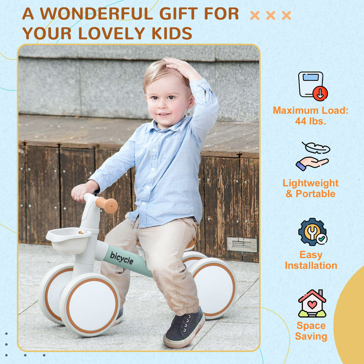 Qaba Toddler Balance Bike for 12–36 Months with Adjustable Seat, Removable Basket, 4 Silent Wheels, Green