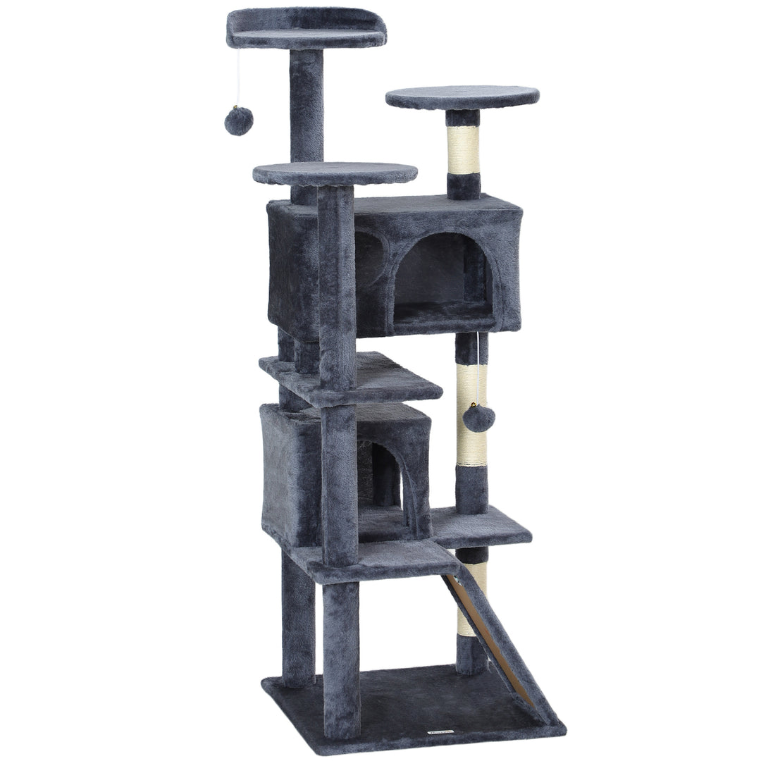 PawHut 54" Cat Tree, Multi-Level Cat Tower with Scratching Posts, Cat Condos, Bed, Platforms, Ramp, Toy Ball, Dark Blue