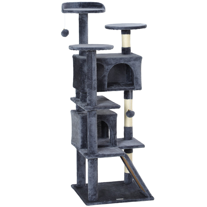 PawHut 54" Cat Tree, Multi-Level Cat Tower with Scratching Posts, Cat Condos, Bed, Platforms, Ramp, Toy Ball, Dark Blue