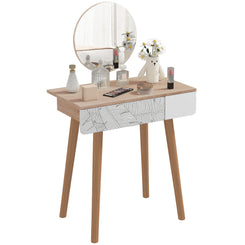 HOMCOM Vanity Desk with Mirror, Makeup Vanity with Drawer and Height Adjustable Mirror, Dressing Table with Wood Legs for Bedroom, Oak