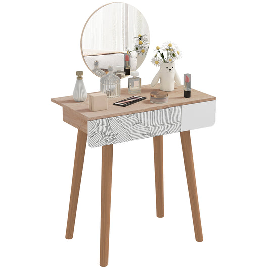 HOMCOM Vanity Desk with Mirror, Makeup Vanity with Drawer and Height Adjustable Mirror, Dressing Table with Wood Legs for Bedroom, Oak