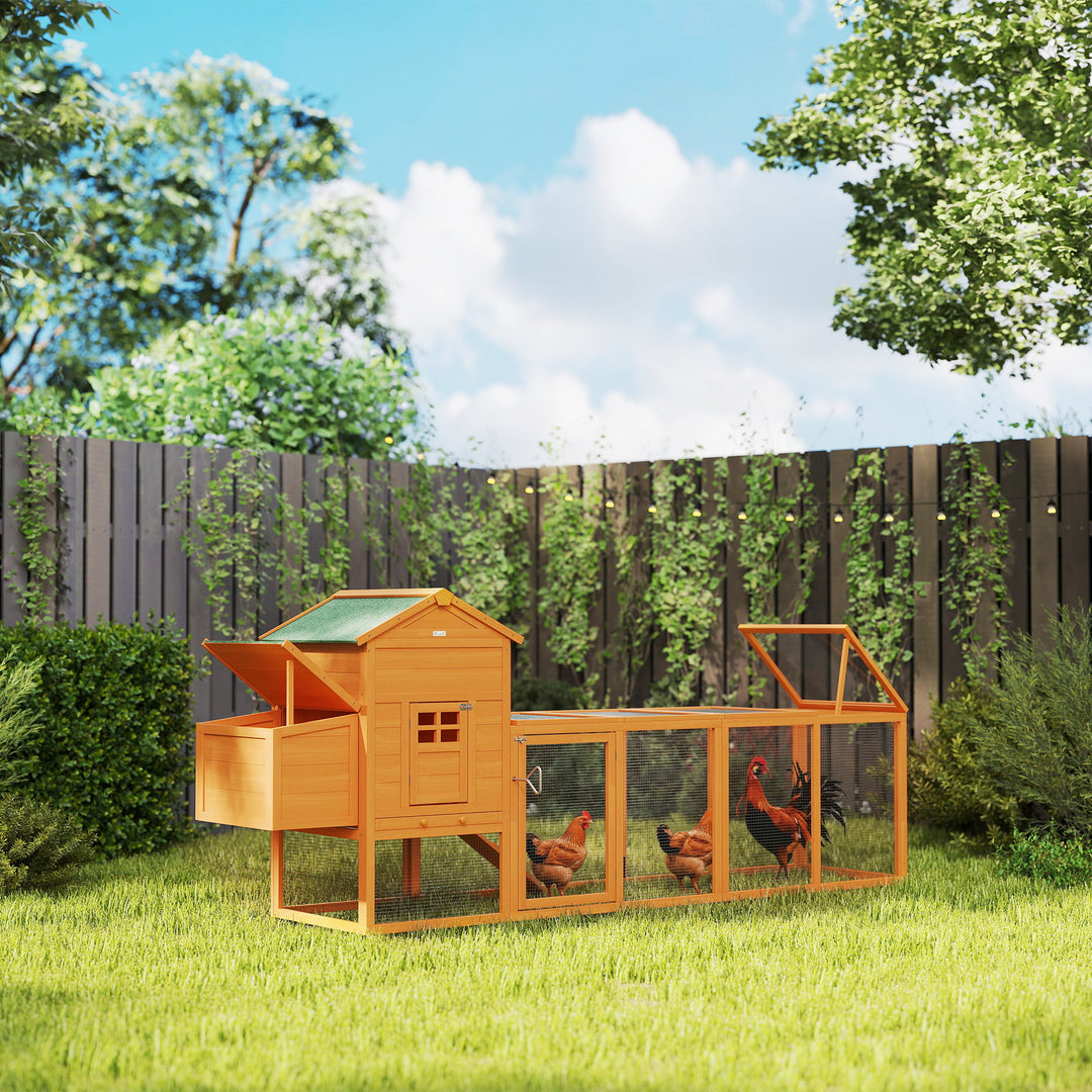 PawHut 117" Extra Large Chicken Coop with Asphalt Roof, Wooden Hen House with Slide-out Tray, Quail Hutch with Nesting Box, Orange