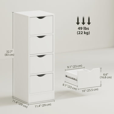 HOMCOM 4-Drawer Bathroom Cabinet, Freestanding Narrow Storage Cabinet with Groove Handles for Small Spaces, White