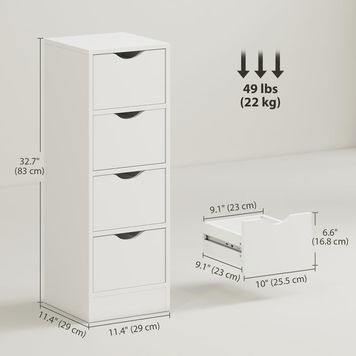 HOMCOM 4-Drawer Bathroom Cabinet, Freestanding Narrow Storage Cabinet with Groove Handles for Small Spaces, White