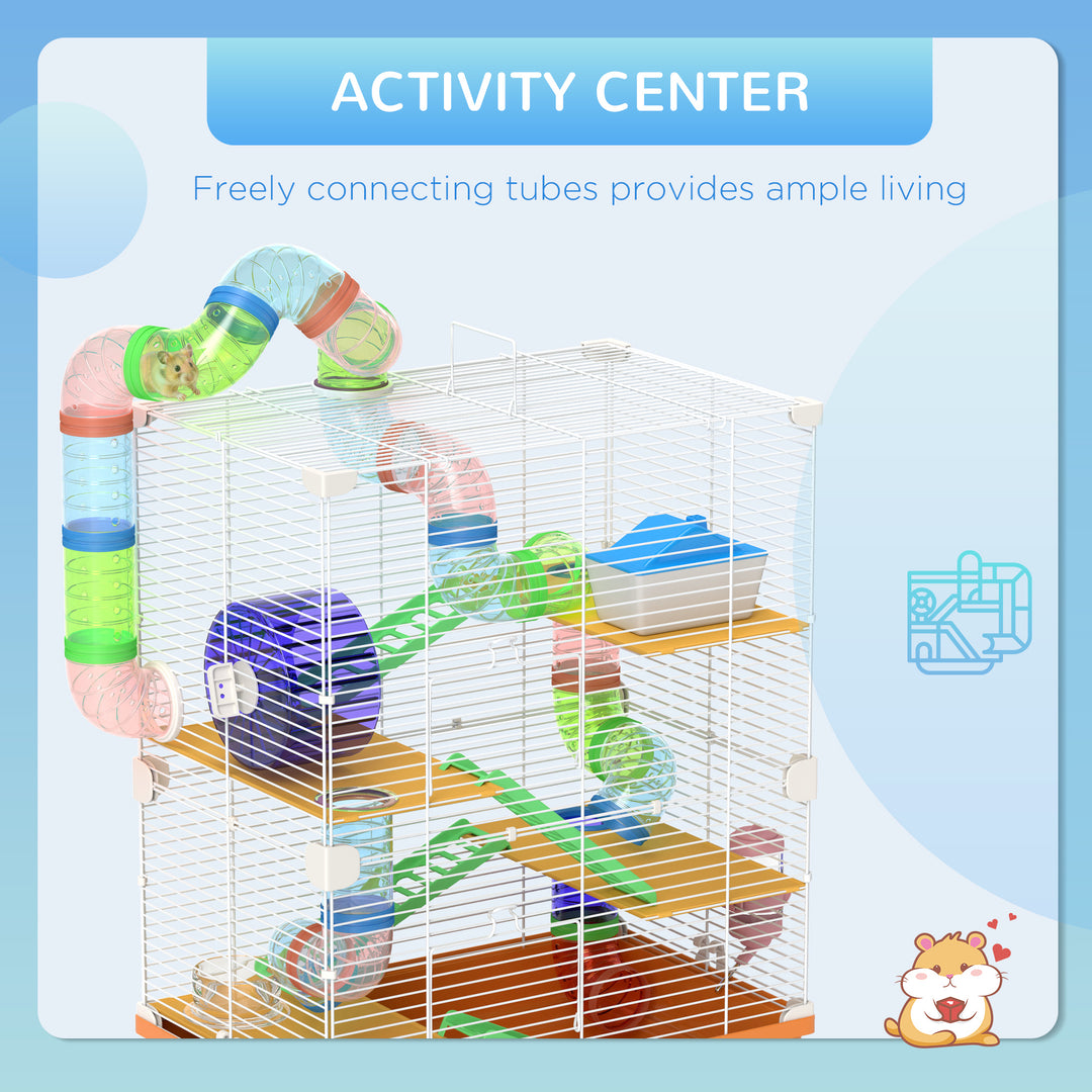 PawHut 5 Tiers Hamster Cage Portable with Exercise Wheels Play Tube Water Bottle Dishes House Ladder for Gerbils, Light Blue