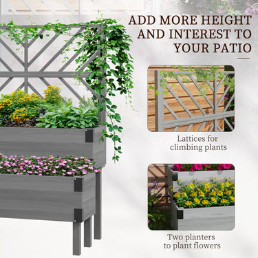Outsunny Raised Garden Bed with Trellis, 2 Tier Wooden Elevated Planter Box  for Vegetables, Flowers, Herbs, Grey