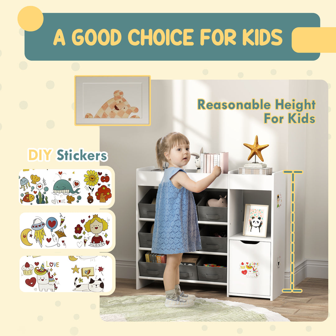 Qaba Toy Storage Organizer with 9 Non-Woven Fabric Boxes, Storage Cabinet & Shelves, for Kids Room, Nursery, Playroom, White