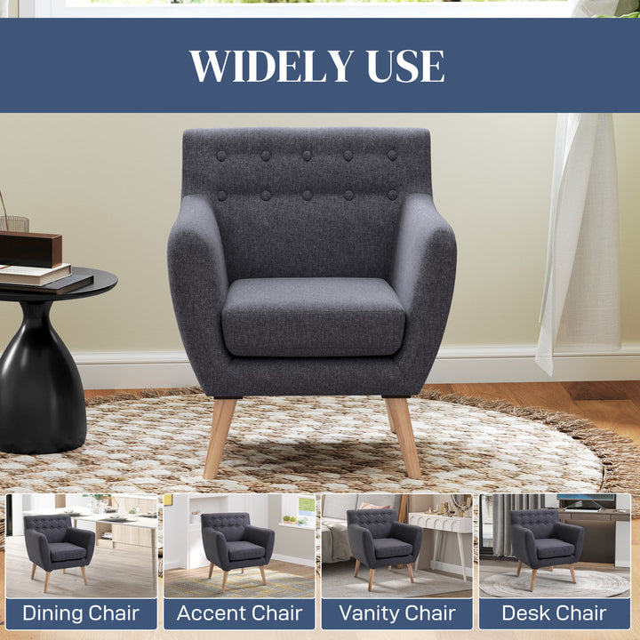 HOMCOM Linen Upholstery Armchair, Mid-Century Modern Accent Chair with Wood Frame and Thick Padding, Light Grey