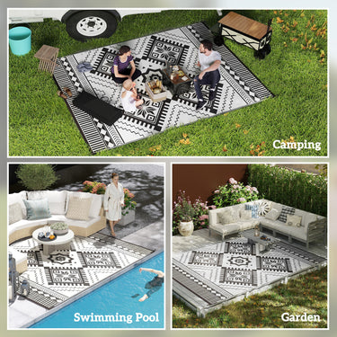 Outsunny 9' x 12' Outdoor RV Rug, Reversible Patio Floor Mat with Carry Bag, Toothed Rhombus, White and Black
