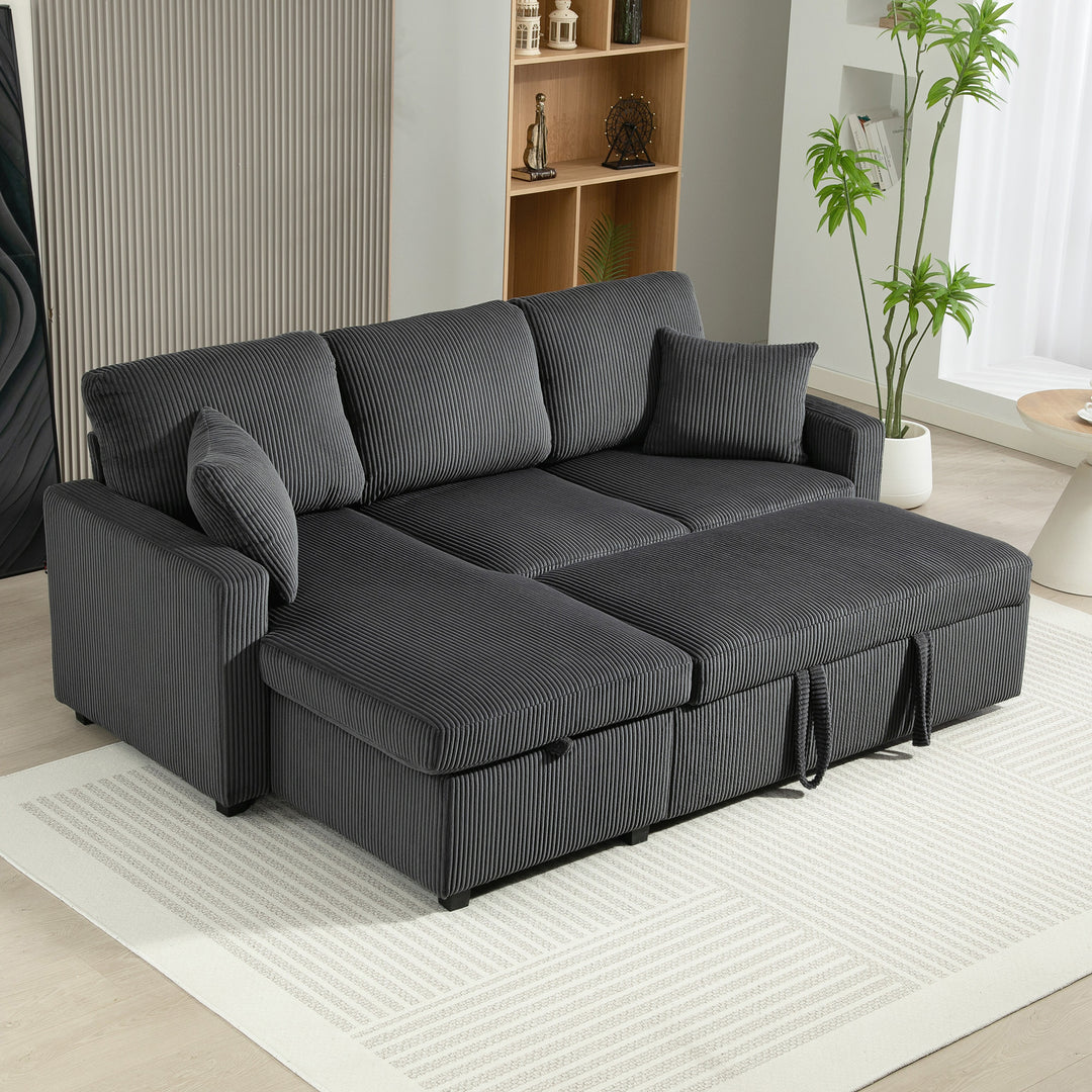 HOMCOM 81" Sofa Bed, 2 In 1 Pull Out Sleeper Sofa Bed with Storage, Corduroy Convertible Couch for Living Room, Dark Grey