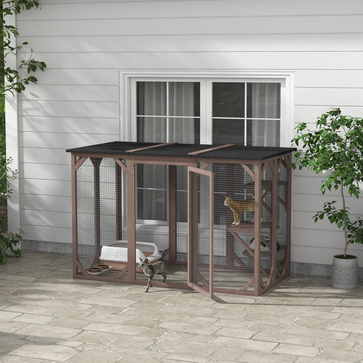 PawHut Catio Outdoor Cat Enclosure, Indoor Cat Cage, Pet House, Small Animal Hutch for Rabbit, Kitten, Kitty Crate Kennel with Waterproof Roof, Multi-Level Platforms, Lock, Camel