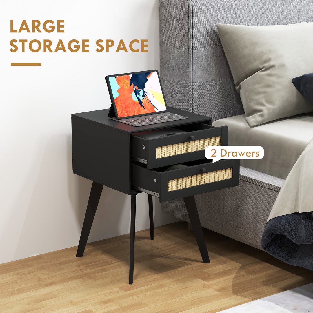 HOMCOM Boho Night Stands Set of 2, Bedside Tables with 2 Rattan Drawers, Square End Tables for Bedroom, Living Room