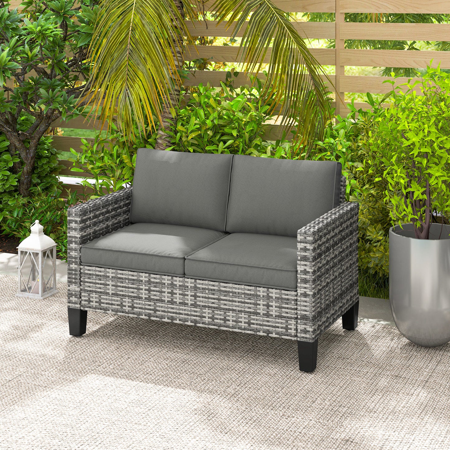 Outsunny 2 Seat Patio Loveseat Deluxe Wicker Sofa Chair Outdoor Rattan Furniture Couch All Weather with Cushion for Balcony, Deck, Garden and Poolside, Grey