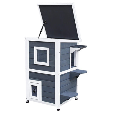 PawHut 2 Story Wooden Outdoor Cat House with Windows, Platforms, Openable Top, Asphalt Roof, Grey