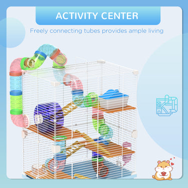PawHut 5 Tiers Hamster Cage Portable with Exercise Wheels Play Tube Water Bottle Dishes House Ladder for Gerbils, Light Blue