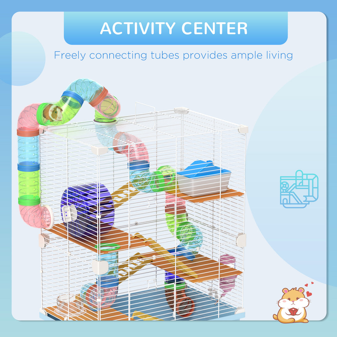 PawHut 5 Tiers Hamster Cage Portable with Exercise Wheels Play Tube Water Bottle Dishes House Ladder for Gerbils, Light Blue