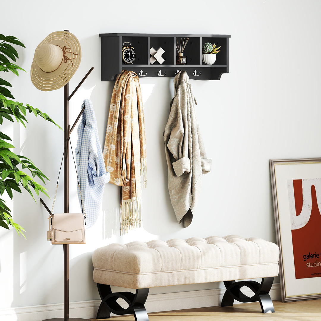 HOMCOM Coat Rack Wall Mount with Shelf, 28" Wall Coat Rack with 5 Hooks and 4 Compartments for Living Room, Entryway, White