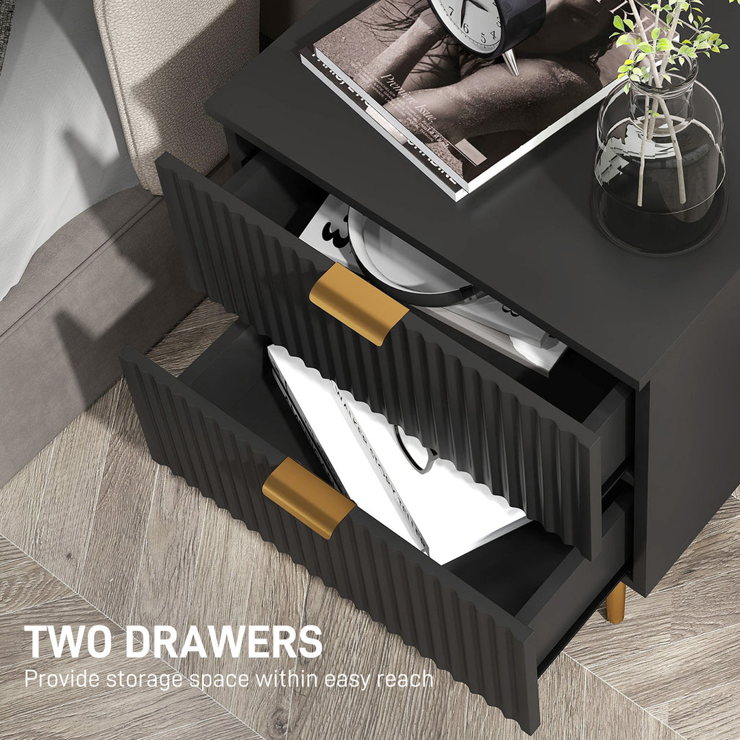 HOMCOM Bedside Table, Modern Nightstand with 2 Drawers, Side End Table with Metal Legs for Living Room, Bedroom, Black