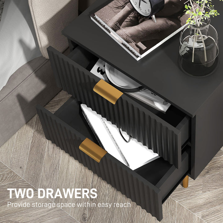 HOMCOM Bedside Table, Modern Nightstand with 2 Drawers, Side End Table with Metal Legs for Living Room, Bedroom, Black