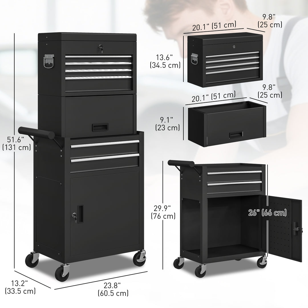 HOMCOM Large Tool Cabinet, 3-in-1 Rolling Tool Chest, Detachable Tool Storage Organizer with 6 Drawers and Pegboard, Red