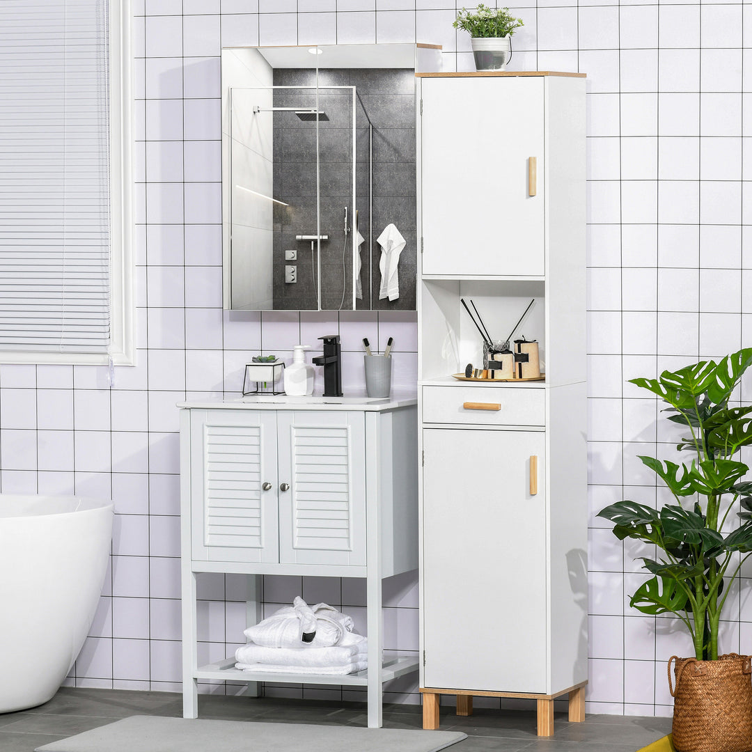 kleankin Bathroom Storage Cabinet with Cupboards and Drawer, Floor Free Standing Linen Tower, Tall Slim Side Organizer Shelves, White