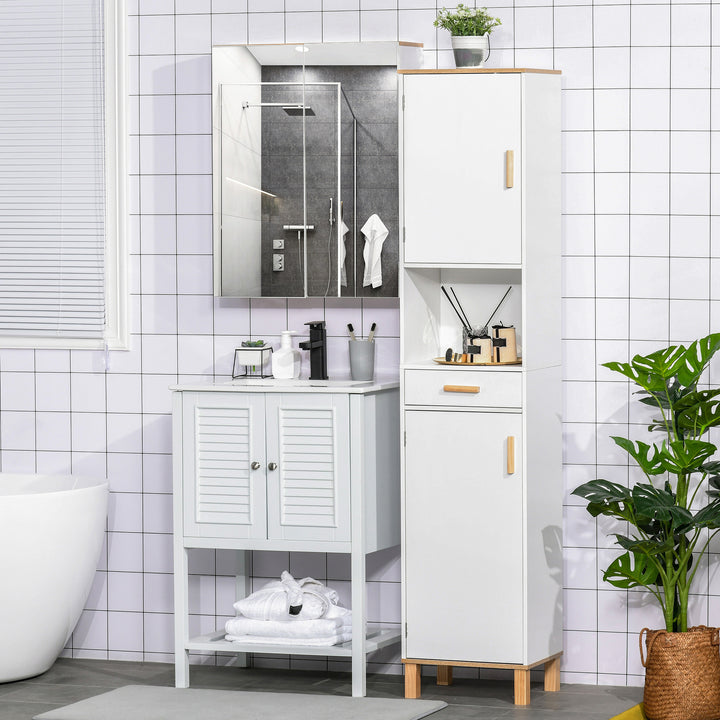 kleankin Bathroom Storage Cabinet with Cupboards and Drawer, Floor Free Standing Linen Tower, Tall Slim Side Organizer Shelves, White