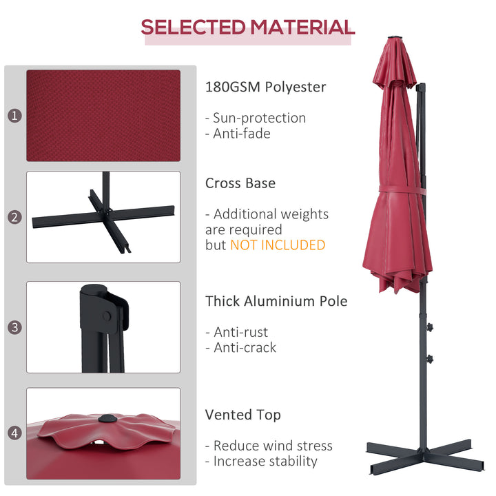 Outsunny 10 FT Cantilever Umbrella, Aluminum Hanging Offset Umbrella with 360°Rotation, Crank, Tilt, Cross Base, Red