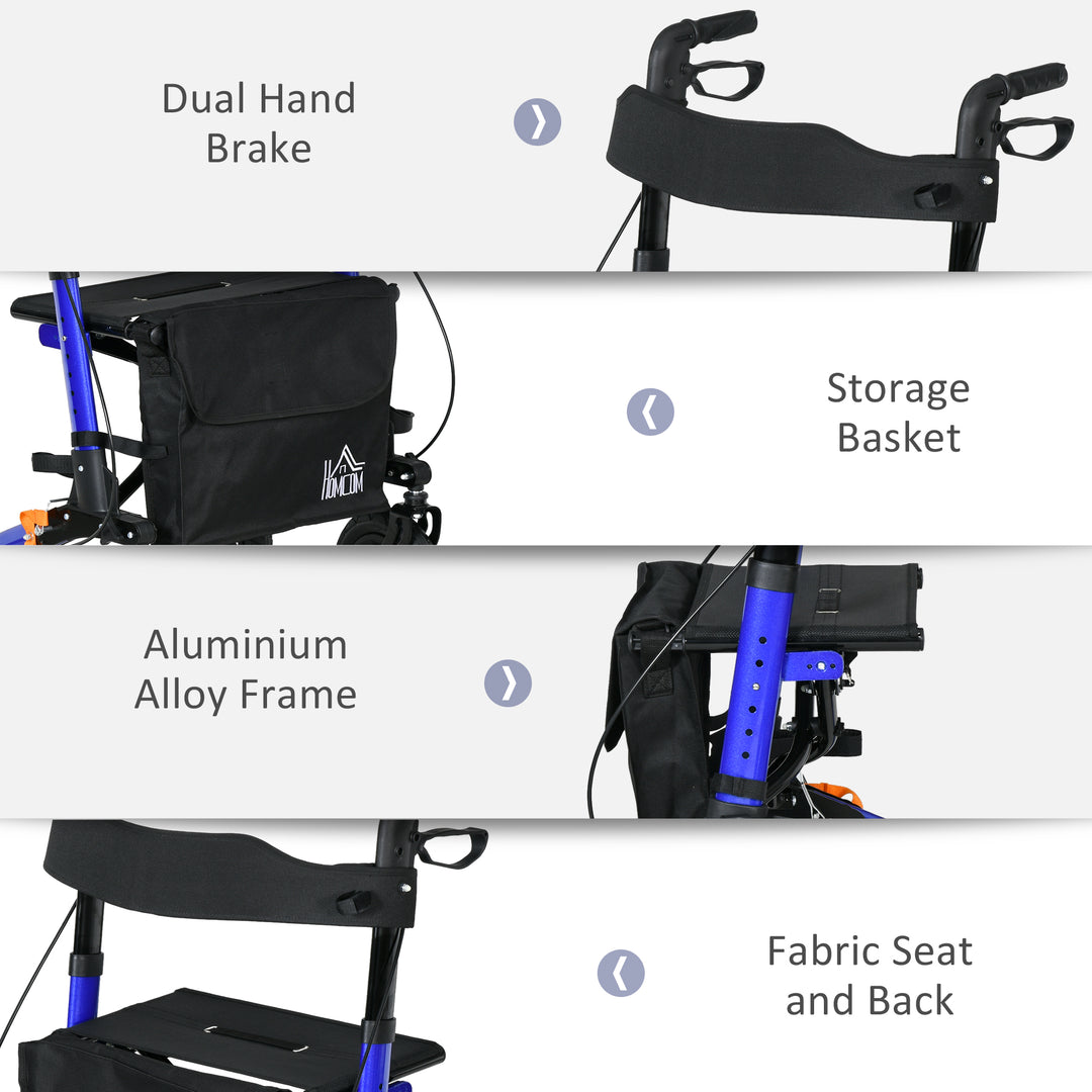 HOMCOM Rollator for Seniors with Seat, Rubber Wheels, Aluminum Folding Rolling Walker with Adjustable Handle, Bag, Blue