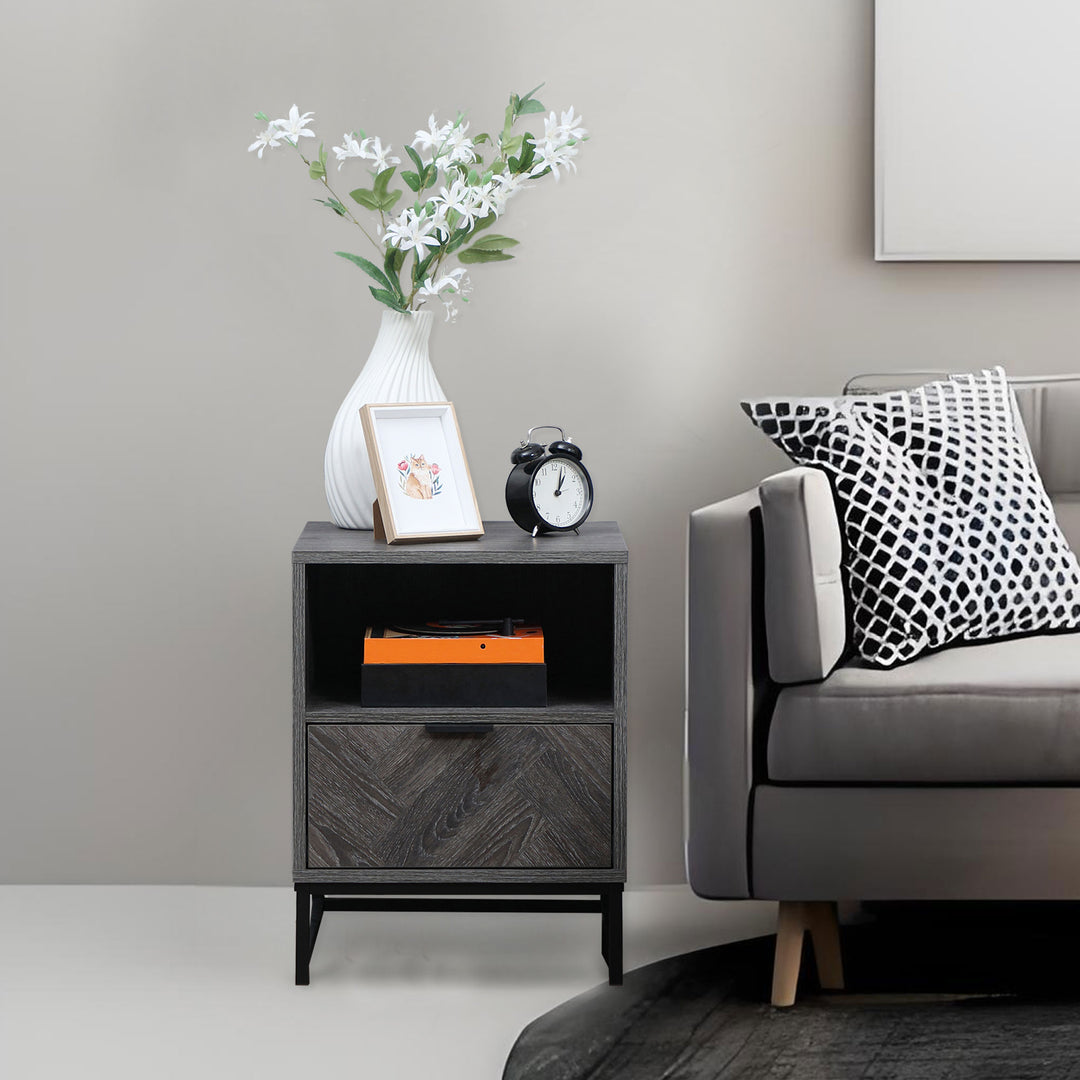 HOMCOM Modern Bedside Table with Drawer and Open Shelf, Sofa Side Table for Bedroom Living Room, Dark Grey