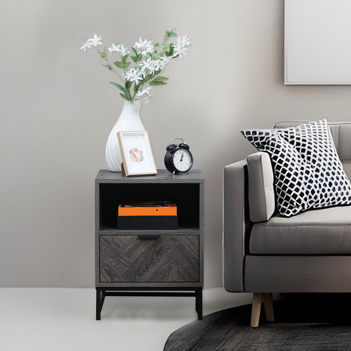 HOMCOM Modern Bedside Table with Drawer and Open Shelf, Sofa Side Table for Bedroom Living Room, Dark Grey