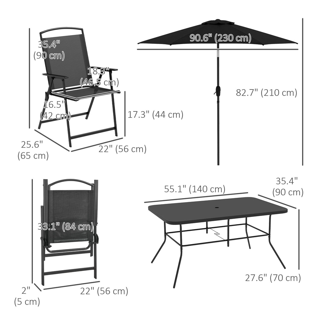 Outsunny 8 Piece Patio Set with Umbrella, 6 Folding Chairs, Rectangle Table, Outdoor Dining Set for 6 with Mesh Seat, Grey