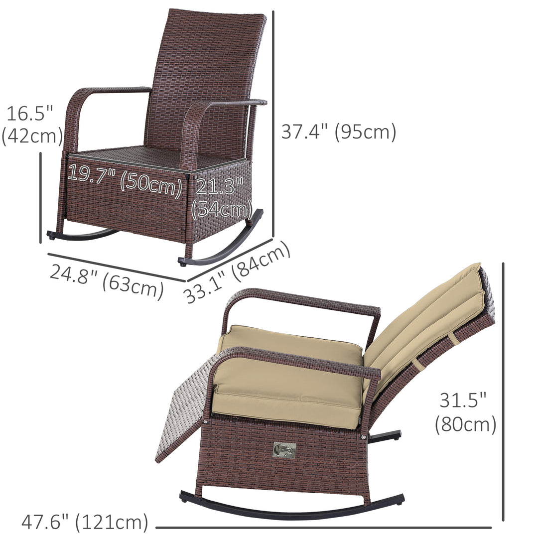 Outsunny Outdoor Wicker Rocking Chair with Cushion, Patio PE Rattan Recliner Chair with Adjustable Footrest, Armrests, Dark Blue